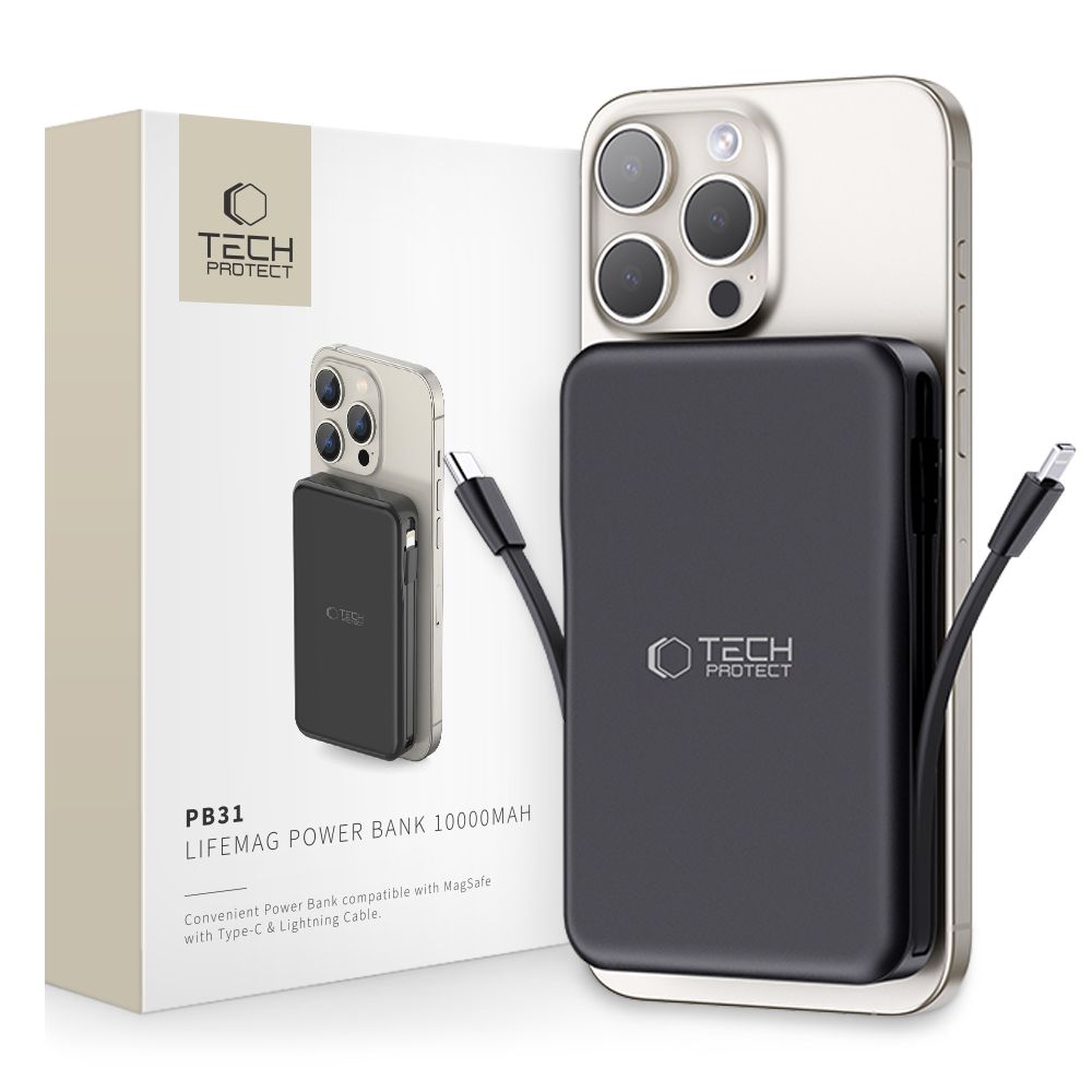Tech-Protect LifeMag PB31 portatīvais lādētājs ar MagSafe 10000mAh 15W USB-C / USB-A / iebūvētu USB-C / Lightning kabeļiem - melna