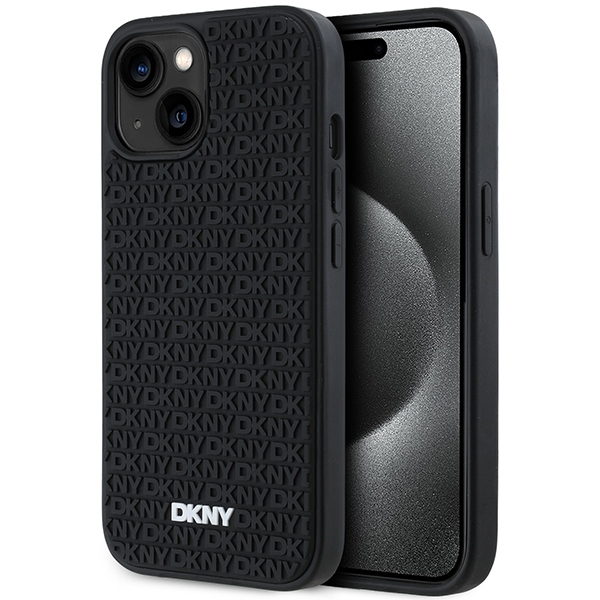 DKNY 3D Gumijas apvalks ar atkārtotu rakstu iPhone 15 Plus - melns