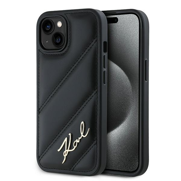 Karl Lagerfeld diagonāli stepēts Script viedtālruņa apvalks iPhone 15 Plus / 14 Plus - melns