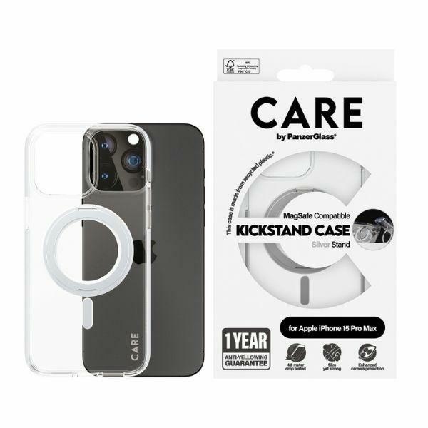 CARE by PanzerGlass viedtālruņa apvalks ar statīvu MagSafe iPhone 15 Pro Max - sudrabains