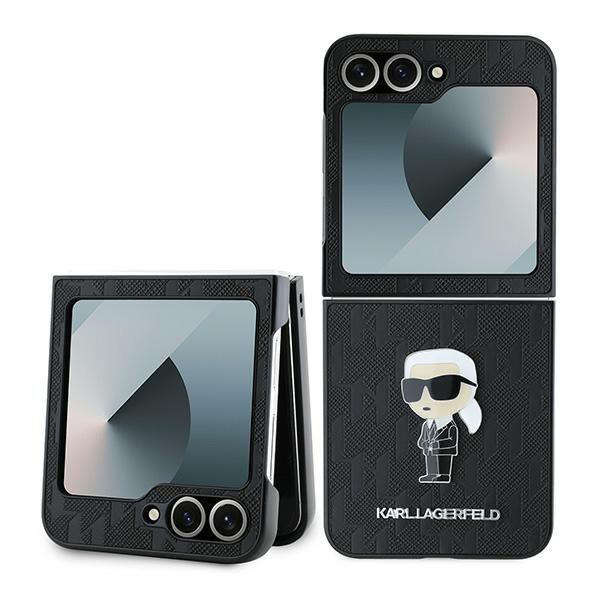 Karl Lagerfeld Saffiano Monogramma Ikonik Pin viedtālruņa apvalks Samsung Galaxy Z Flip 6 - Melns