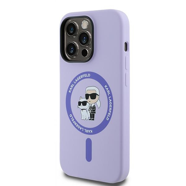Karl Lagerfeld HC Magnētiskais silikona Karl&Choupette galvu gredzens viedtālruņa apvalks iPhone 14 Pro - Violets
