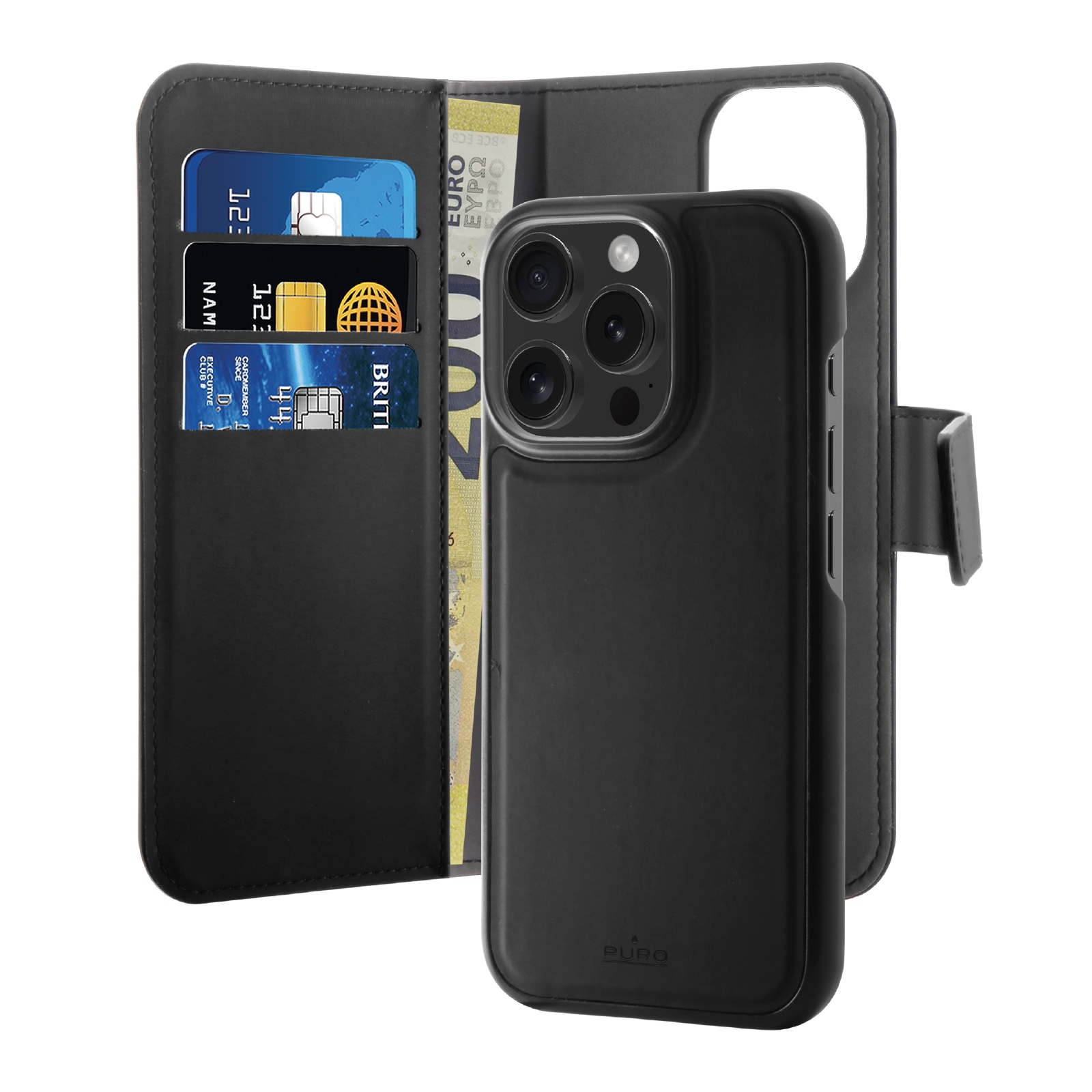Puro Wallet Magnētiskais noņemamais 2in1 PU ādas apvalks ar vāciņu un maku iPhone 16 Pro - melns