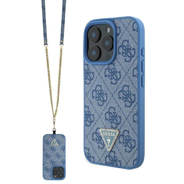 Guess Ādas Metāla Logotipa Strass Crossbody apvalks iPhone 16 Pro - zilais