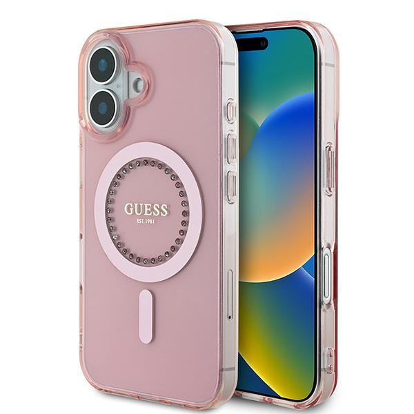 Guess IML Rhinestones Magnētiskais viedtālruņa apvalks iPhone 16 - rozā