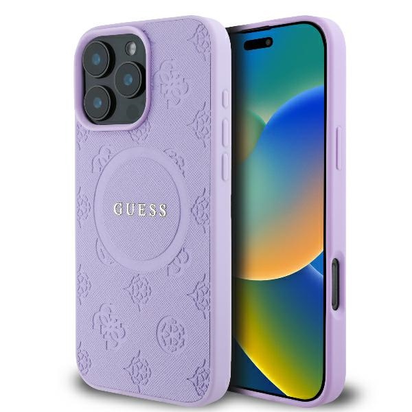 Guess Saffiano Peoniju klasiskais logotips Magnētiskais viedtālruņa apvalks iPhone 16 Pro - violets