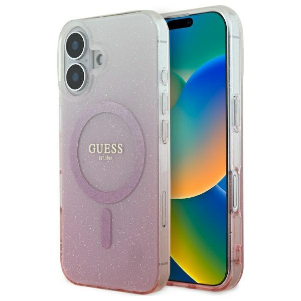 Guess IML Glitter Gradient MagSafe viedtālruņa apvalks iPhone 16 - rozā