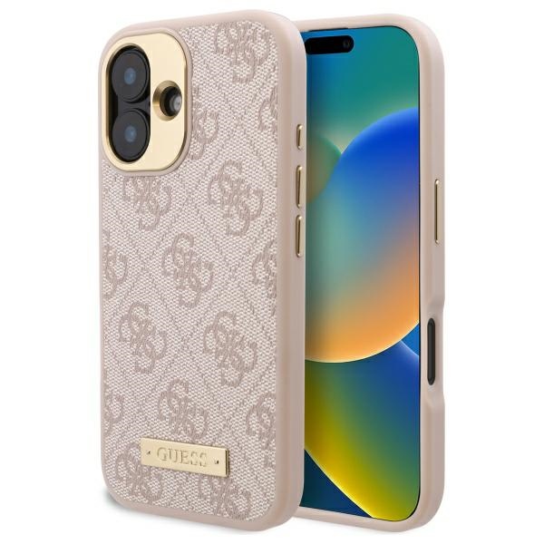 Guess 4G Logo Plate Magnētiskais viedtālruņa apvalks iPhone 16 - rozā