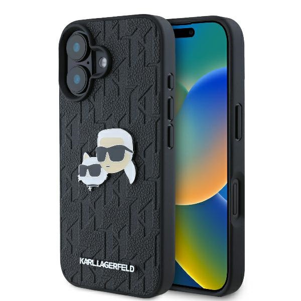 Karl Lagerfeld Monogramma Karl un Choupette Galvas Piespraude iPhone 16 Viedtālruņa Apvalks - Melns