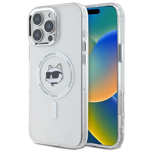 Karl Lagerfeld IML Metāla Choupette Head Magnētiskais viedtālruņa apvalks iPhone 16 Pro - balts