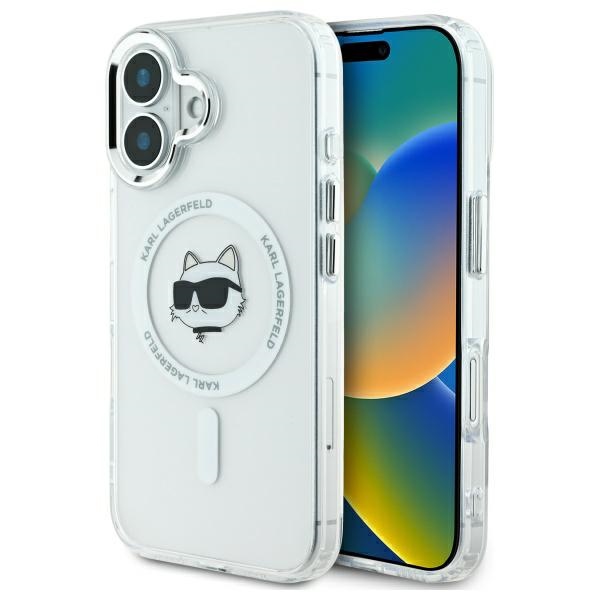 Karl Lagerfeld IML Metal Choupette Head Magnētiskais iPhone 16 viedtālruņa apvalks - balts