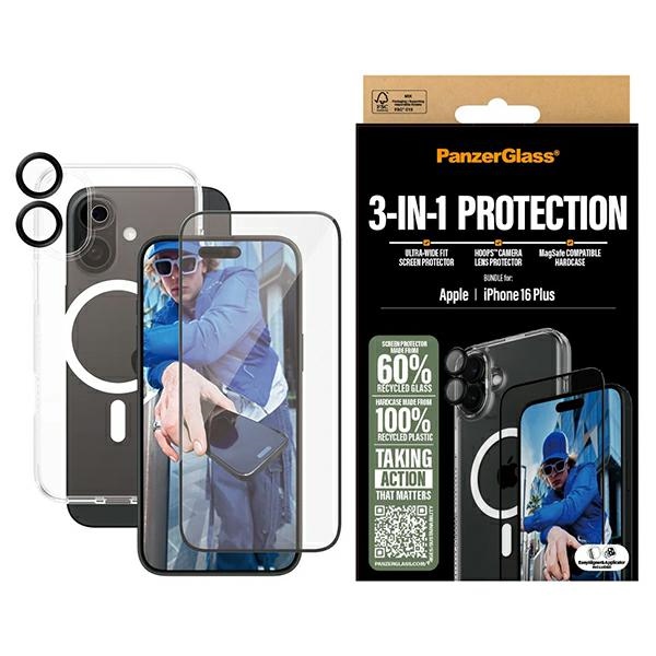 PanzerGlass 3in1 komplekts iPhone 16 Plus 6.7 D3O ciets apvalks + Ekrāna aizsargs UWF+ Objektīva aizsardzība B1293+2863+1283