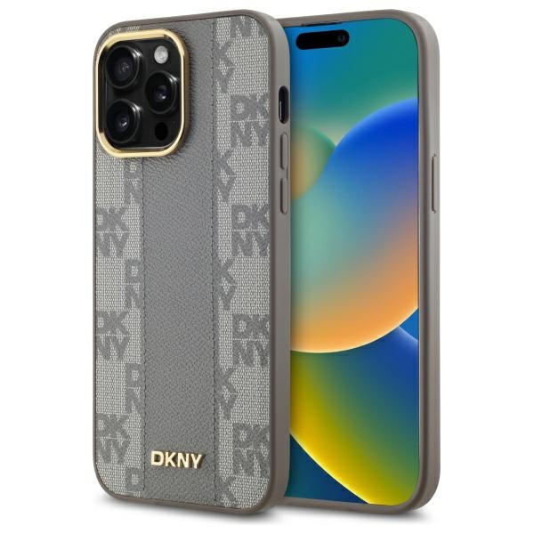 DKNY Ādas rūtainais mono raksts Magnētiskais viedtālruņa apvalks iPhone 14 Pro Max - bēša