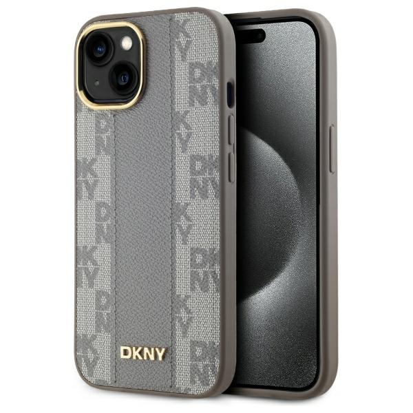 DKNY Ādas rūtainais mono raksts Magnētiskais viedtālruņa apvalks iPhone 15 Plus - bēša