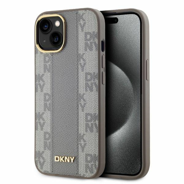 DKNY Ādas rūtainais mono raksts magnētiskais iPhone 15 viedtālruņa apvalks - bēšs