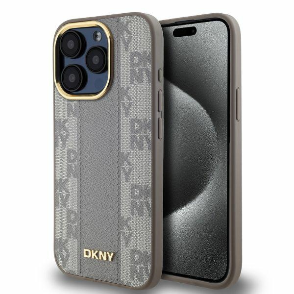 DKNY Ādas rūtainais mono raksts magnētiskais iPhone 15 Pro Max viedtālruņa apvalks - bēšs