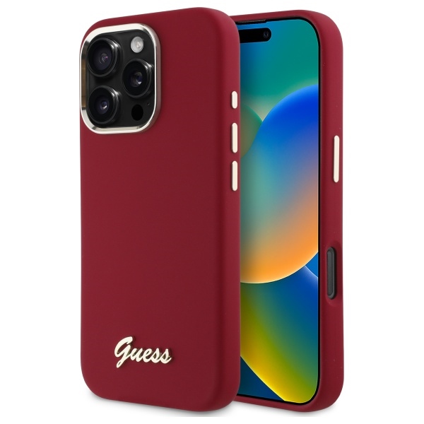 Guess Silikona Uzraksts Metāla Logotips Viedtālruņa apvalks iPhone 16 Pro - rozā