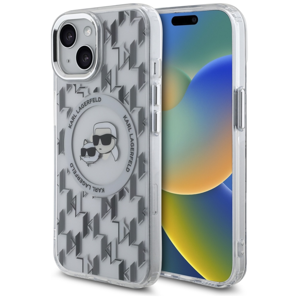 Karl Lagerfeld IML Monogramma Karl & Choupette Head Magnētiskais iPhone 15 viedtālruņa apvalks - caurspīdīgs