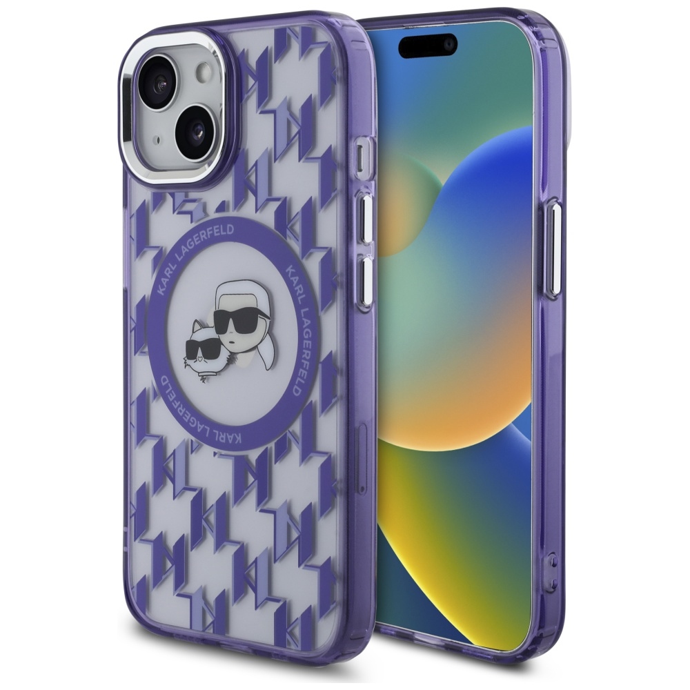 Karl Lagerfeld IML Monogramma Karl & Choupette Head Magnētiskais iPhone 15 viedtālruņa apvalks - violets