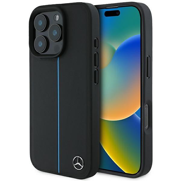 Mercedes MB Blue Line ādas magnētiskais iPhone 16 Pro viedtālruņa apvalks - melns