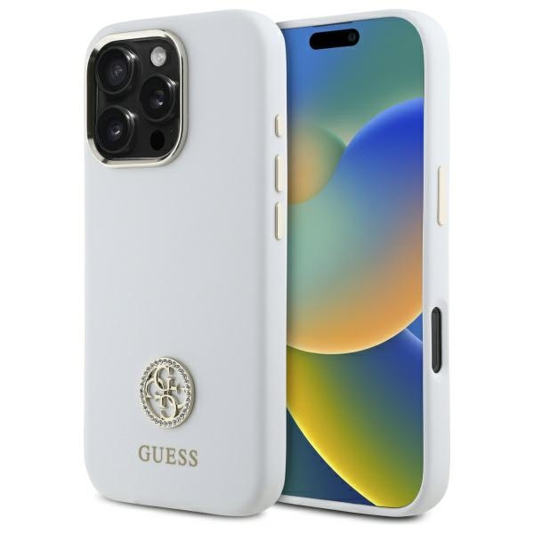 Guess Silikona Logo Strass 4G Apvalks iPhone 16 Pro - balts