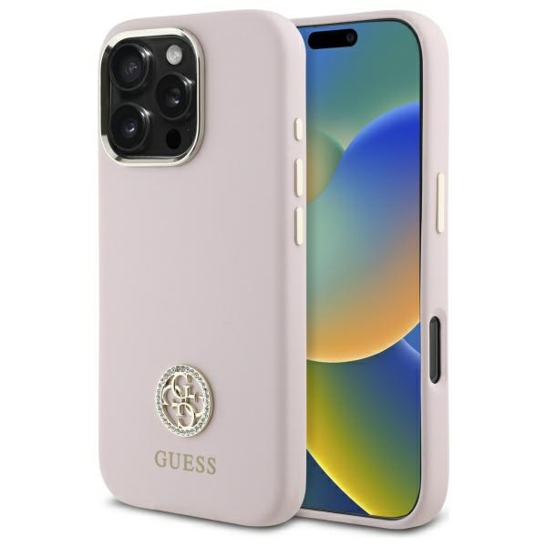 Guess Silikona Logo Strass 4G Apvalks iPhone 16 Pro - gaiši rozā