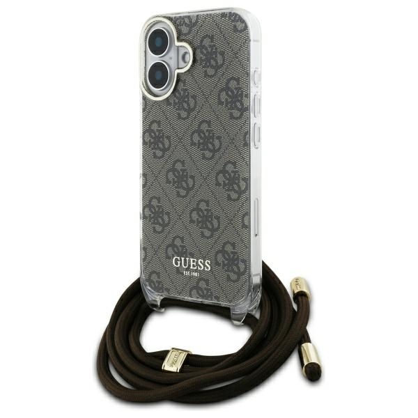 Guess Crossbody Cord 4G Print viedtālruņa apvalks ar siksniņu iPhone 16 - brūns