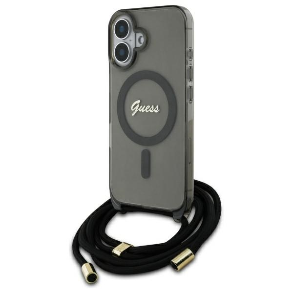 Guess Crossbody Cord Script Magnētiskais viedtālruņa apvalks iPhone 16 - melns