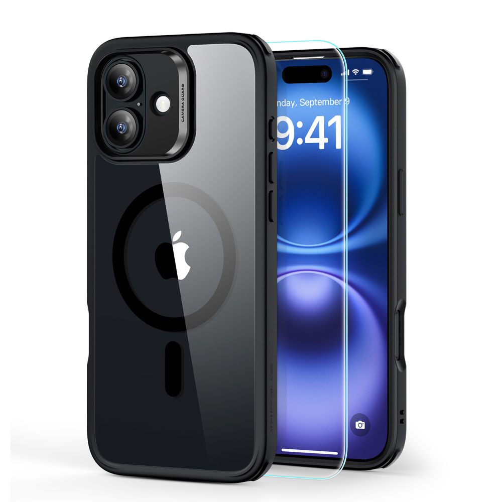 ESR Classic Hybrid Halolock MagSafe komplekts ar aizsargstiklu iPhone 16 - skaidrs ar melnu rāmi