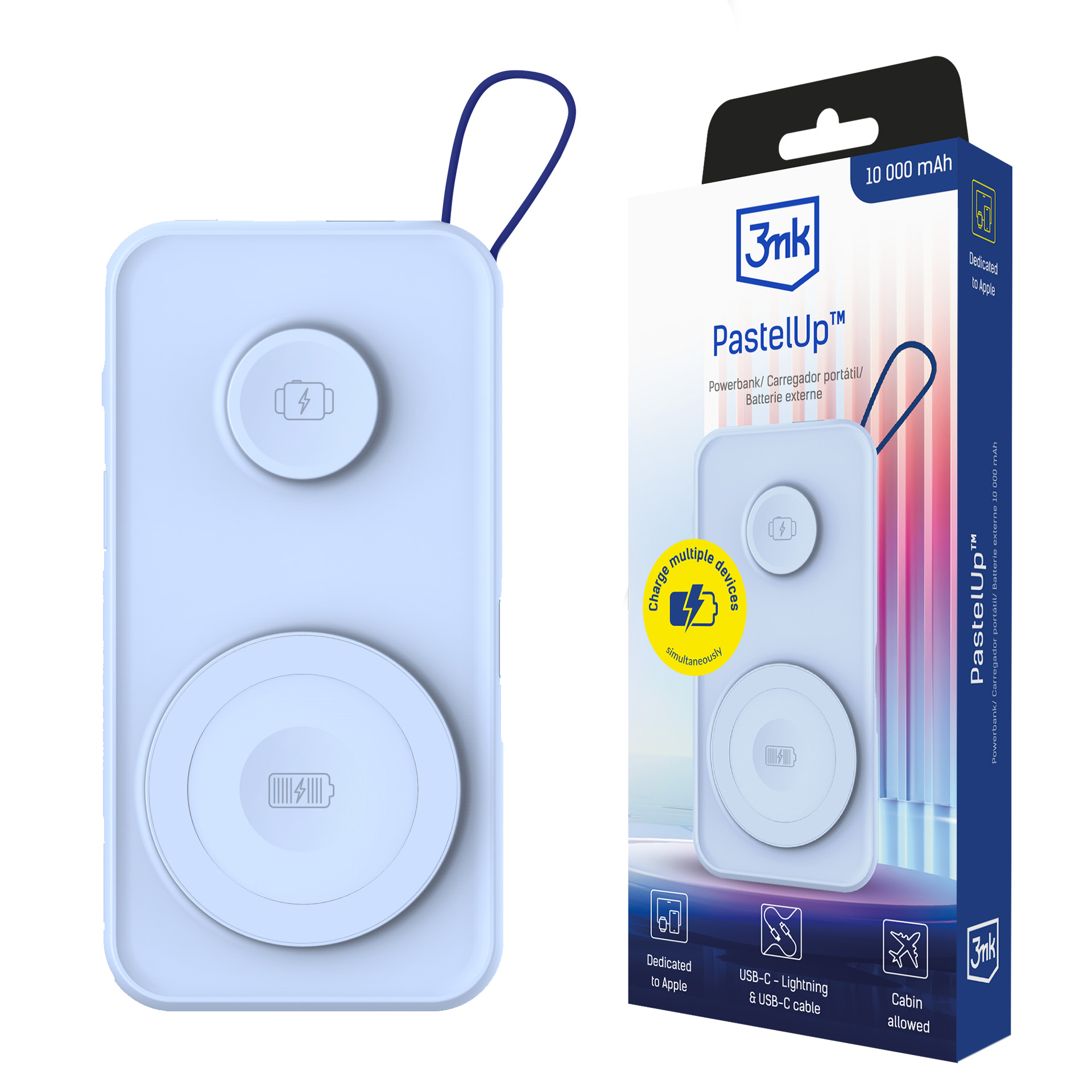 3mk PastelUp 10000mAh 22.5W USB 1A1C Bezvadu Portatīvais lādētājs (m) - zils