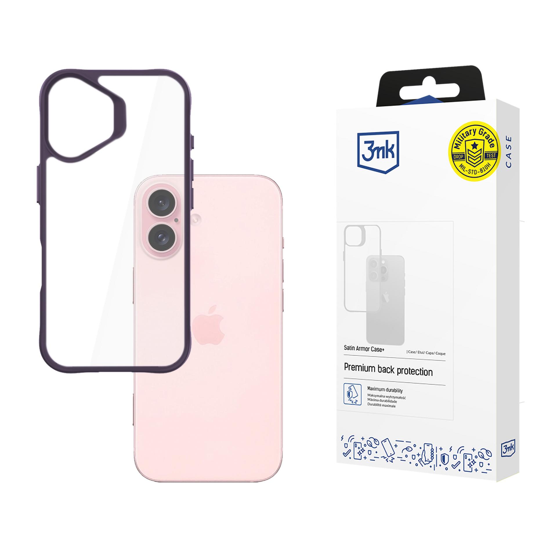 3mk Satin Armor viedtālruņa apvalks violets Apple iPhone 16 - caurspīdīgs