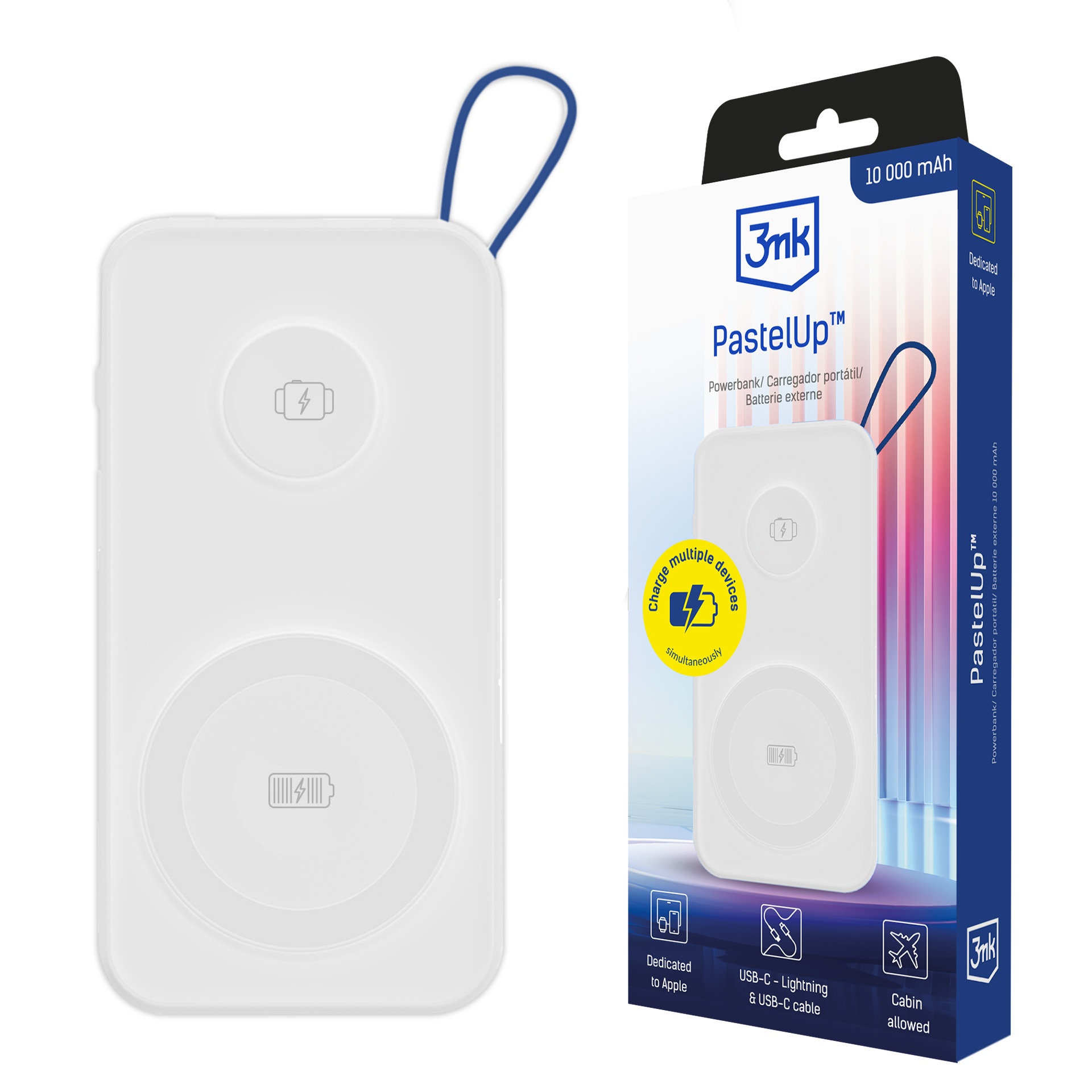 3mk PastelUp 10000mAh 22.5W USB 1A1C Bezvadu Portatīvais lādētājs (m) - balts