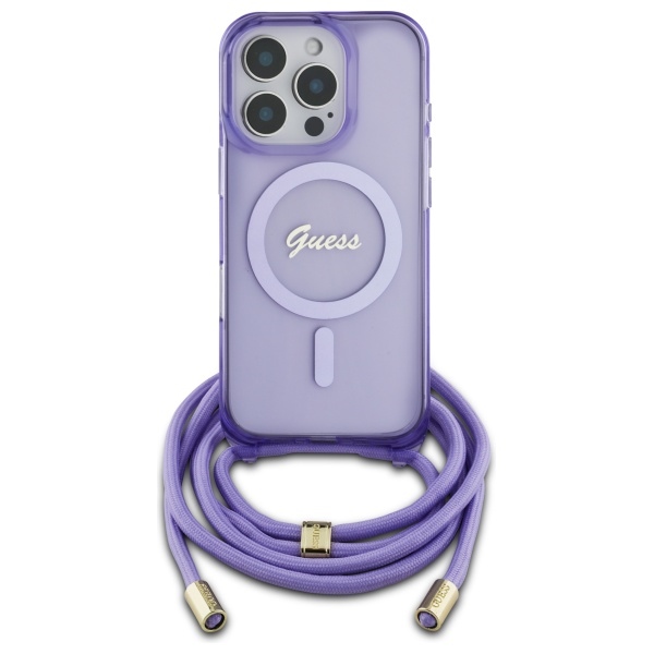 Guess Crossbody Cord Uzraksts Magnētiskais viedtālruņa apvalks iPhone 16 Pro - violets