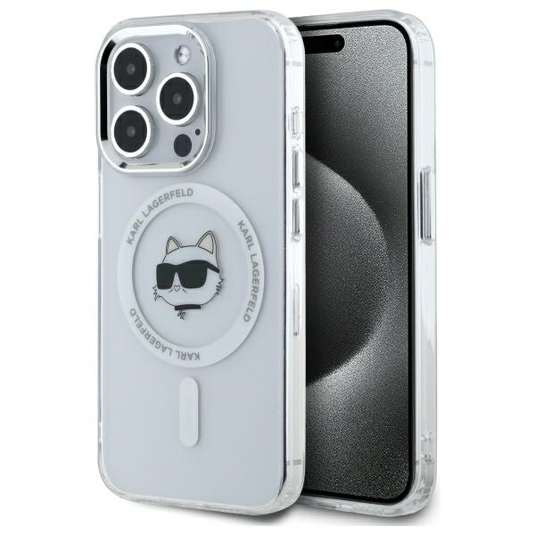 Karl Lagerfeld IML Metāla Choupette galva MagSafe apvalks iPhone 15 Pro - balts
