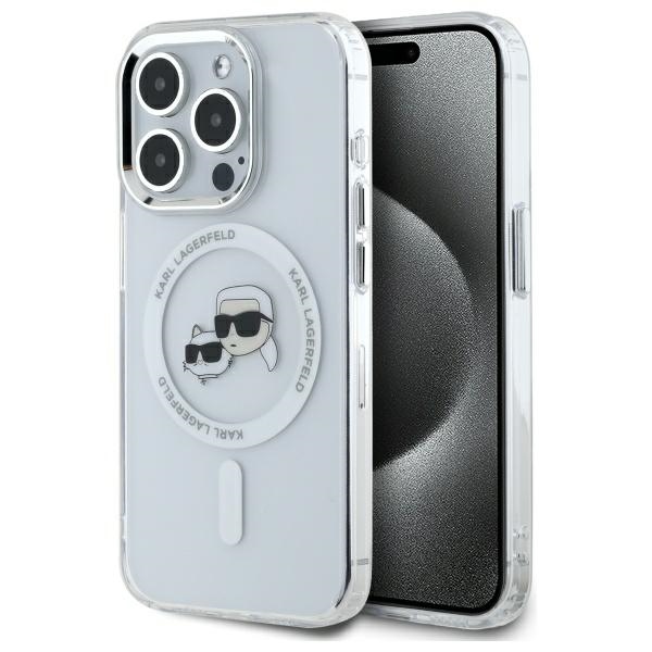 Karl Lagerfeld IML Metāla Karl&Choupette galva MagSafe apvalks iPhone 15 Pro - balts