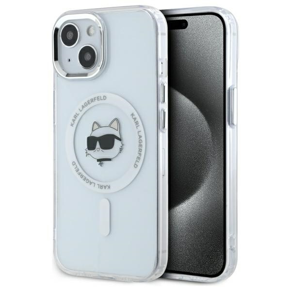 Karl Lagerfeld IML Metāla Choupette galva MagSafe apvalks iPhone 15 Plus - balts