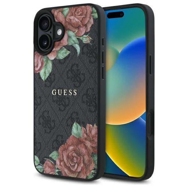 Guess GUHMP16SP4ROPEMCK iPhone 16 6.1" melns/melns cietais apvalks 4G Ziedu Druka Magnētiskais