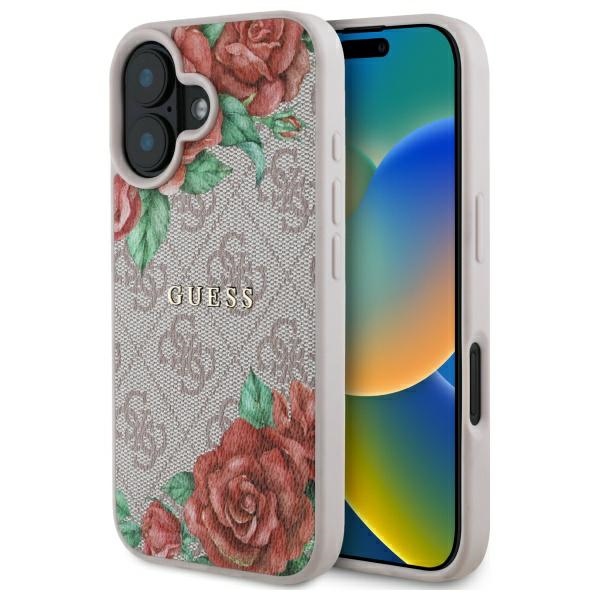 Guess GUHMP16SP4ROPEMCP iPhone 16 6.1" rozā/rozā cietais apvalks 4G Ziedu Druka Magnētiskais