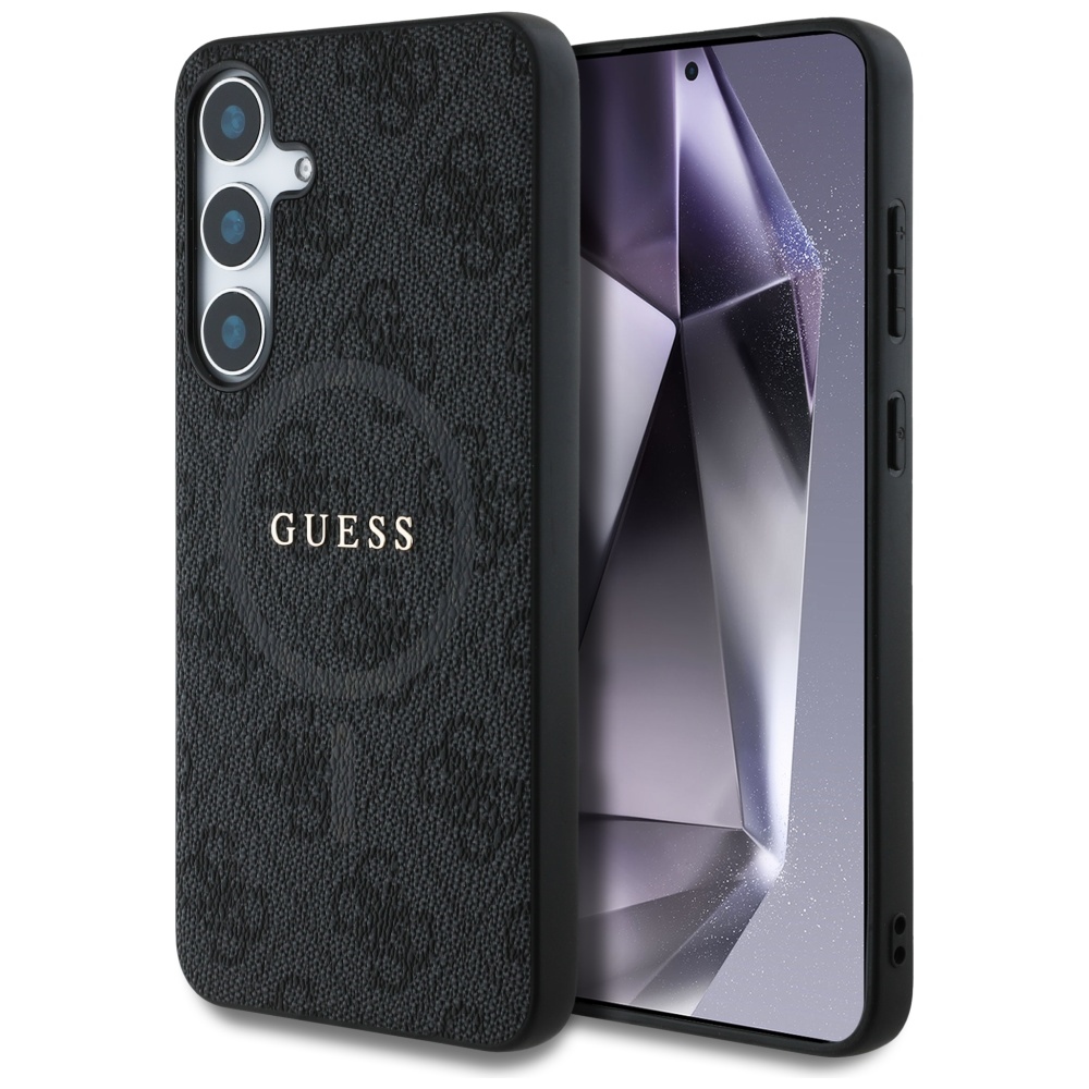 Guess Ādas 4G Krāsains Gredzens Klasiskais Logotips Magnētiskais Viedtālruņa apvalks Samsung Galaxy S25 Plus melna