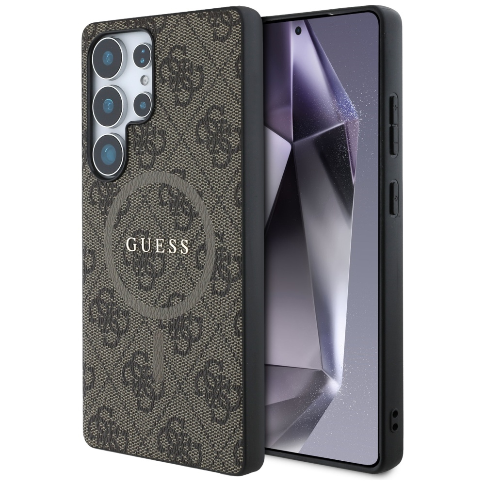 Guess Ādas 4G Krāsains Gredzens Klasiskais Logotips Magnētiskais Viedtālruņa apvalks Samsung Galaxy S25 Ultra brūna