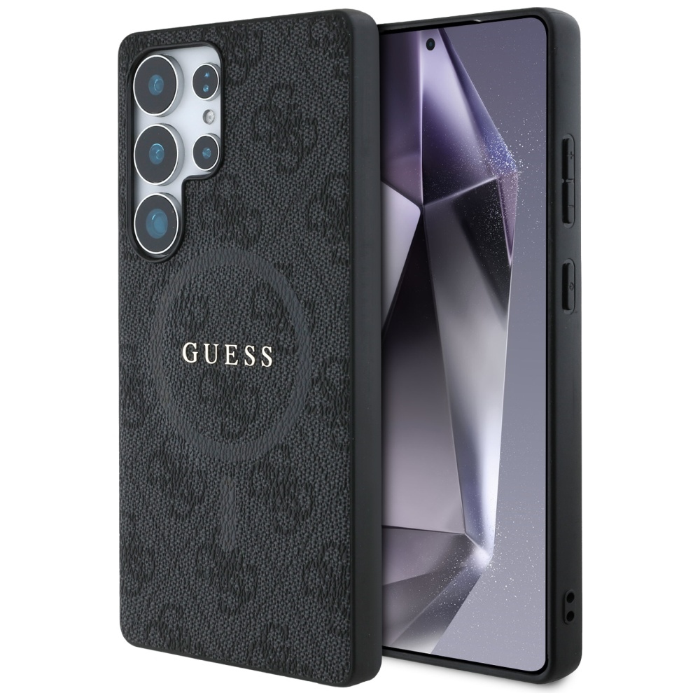 Guess Ādas 4G Krāsains Gredzens Klasiskais Logotips Magnētiskais Viedtālruņa apvalks Samsung Galaxy S25 Ultra melna