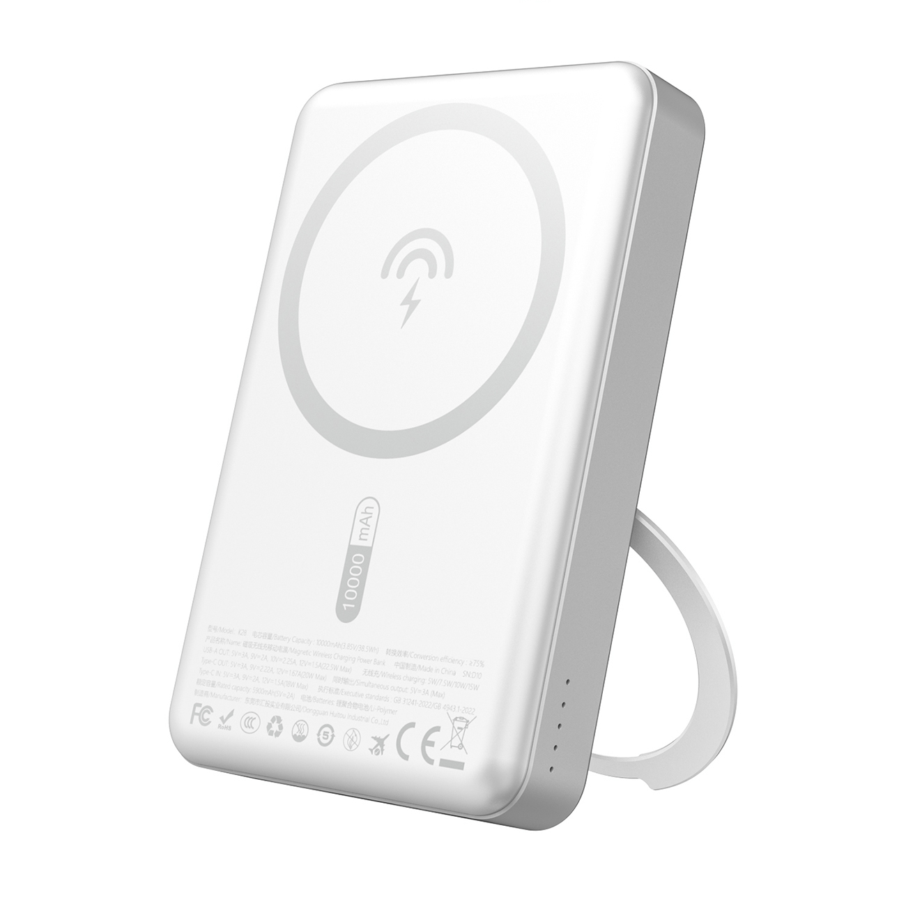 Dudao K28 10000mAh PD 22.5W Magnētiskā portatīvais lādētājs ar metāla apvalku un gredzena statīvu - sudraba