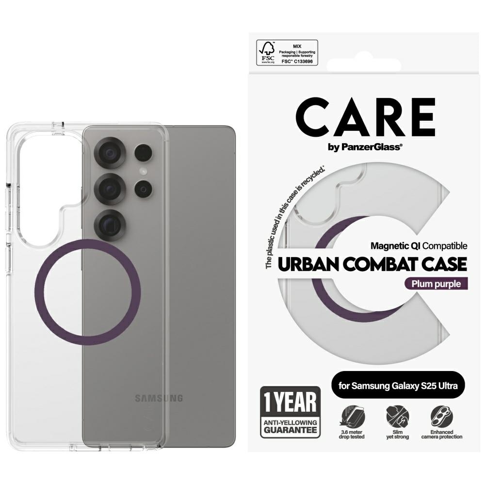 CARE by PanzerGlass Flagship Urban Combat Purple QI viedtālruņa apvalks Samsung Galaxy S25 Ultra - caurspīdīgs