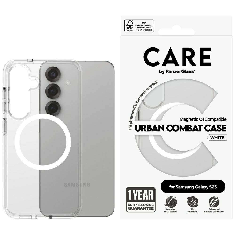 CARE by PanzerGlass Flagship Urban Combat White QI viedtālruņa apvalks Samsung Galaxy S25 - caurspīdīgs