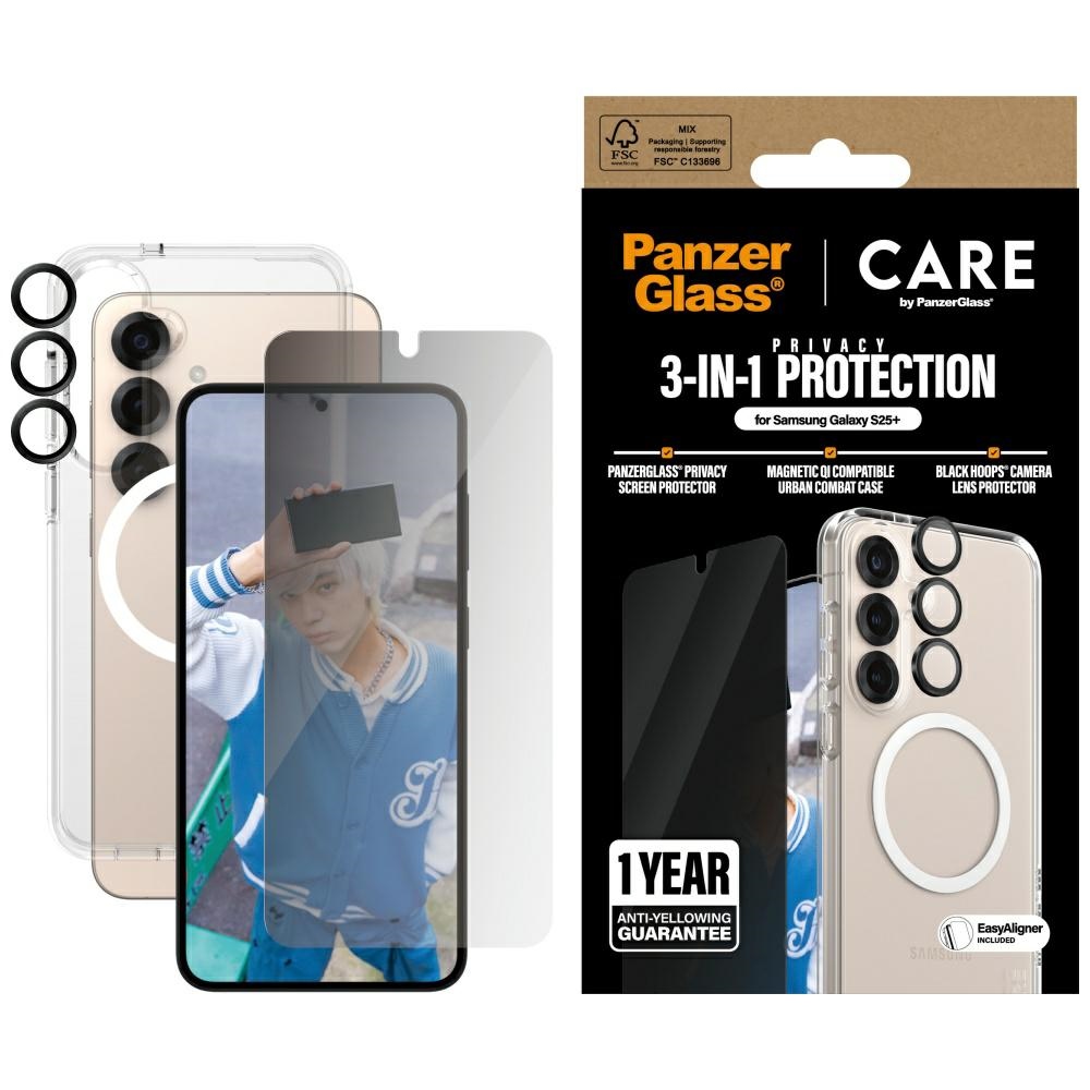 CARE by PanzerGlass Flagship 3in1 viedtālruņa apvalks + privātuma stikls + lēca Samsung Galaxy S25+