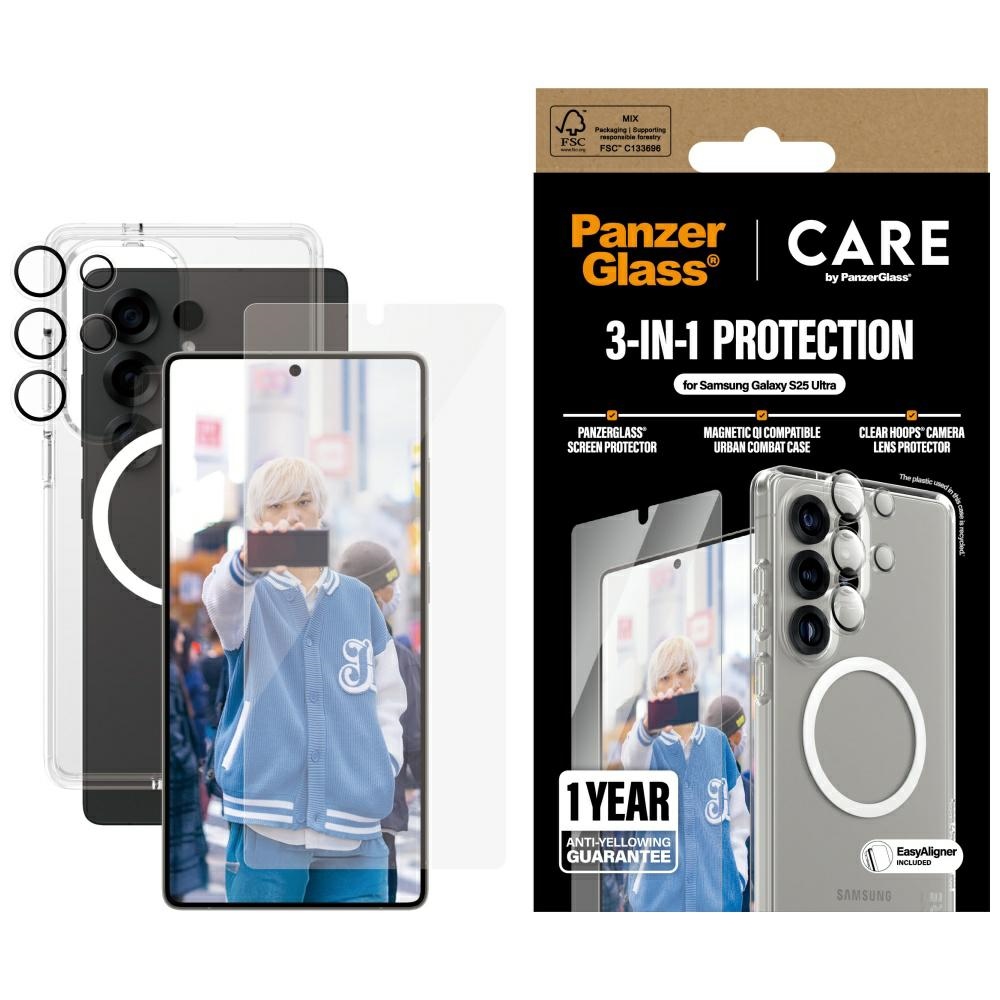 CARE by PanzerGlass Flagship 3in1 viedtālruņa apvalks + stikls + lēcas aizsardzības komplekts Samsung Galaxy S25 Ultra
