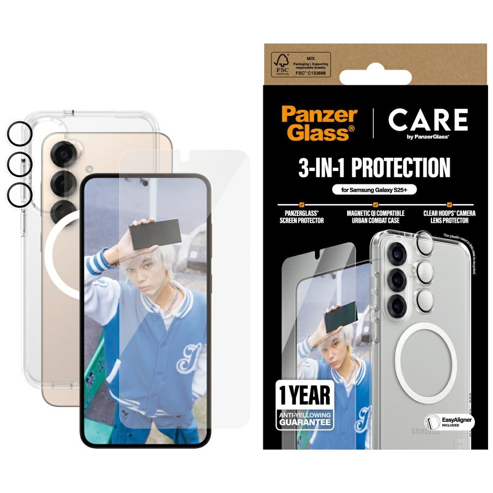 CARE by PanzerGlass Flagship 3in1 viedtālruņa apvalks + stikls + lēcas aizsardzības komplekts Samsung Galaxy S25+