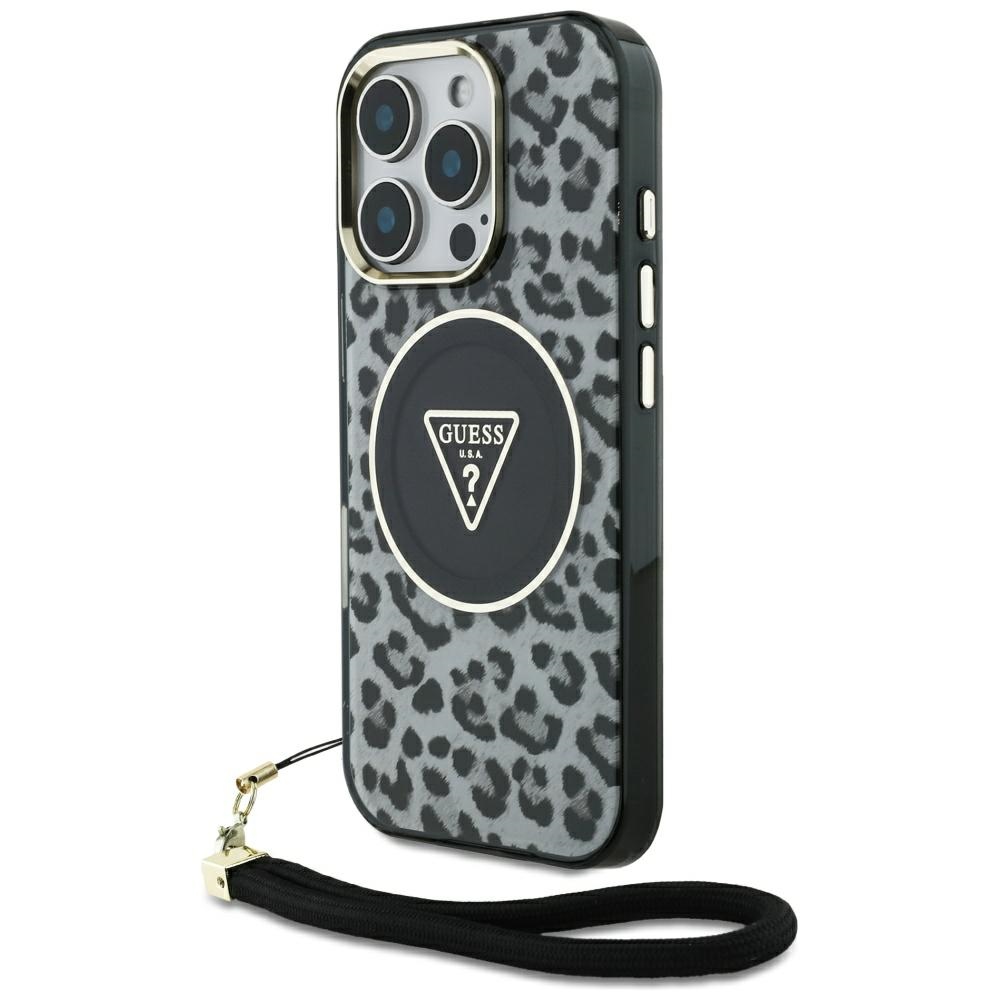 Guess HC IML leoparda trīsstūra auklas siksna MagSafe apvalks iPhone 16 Pro - melns
