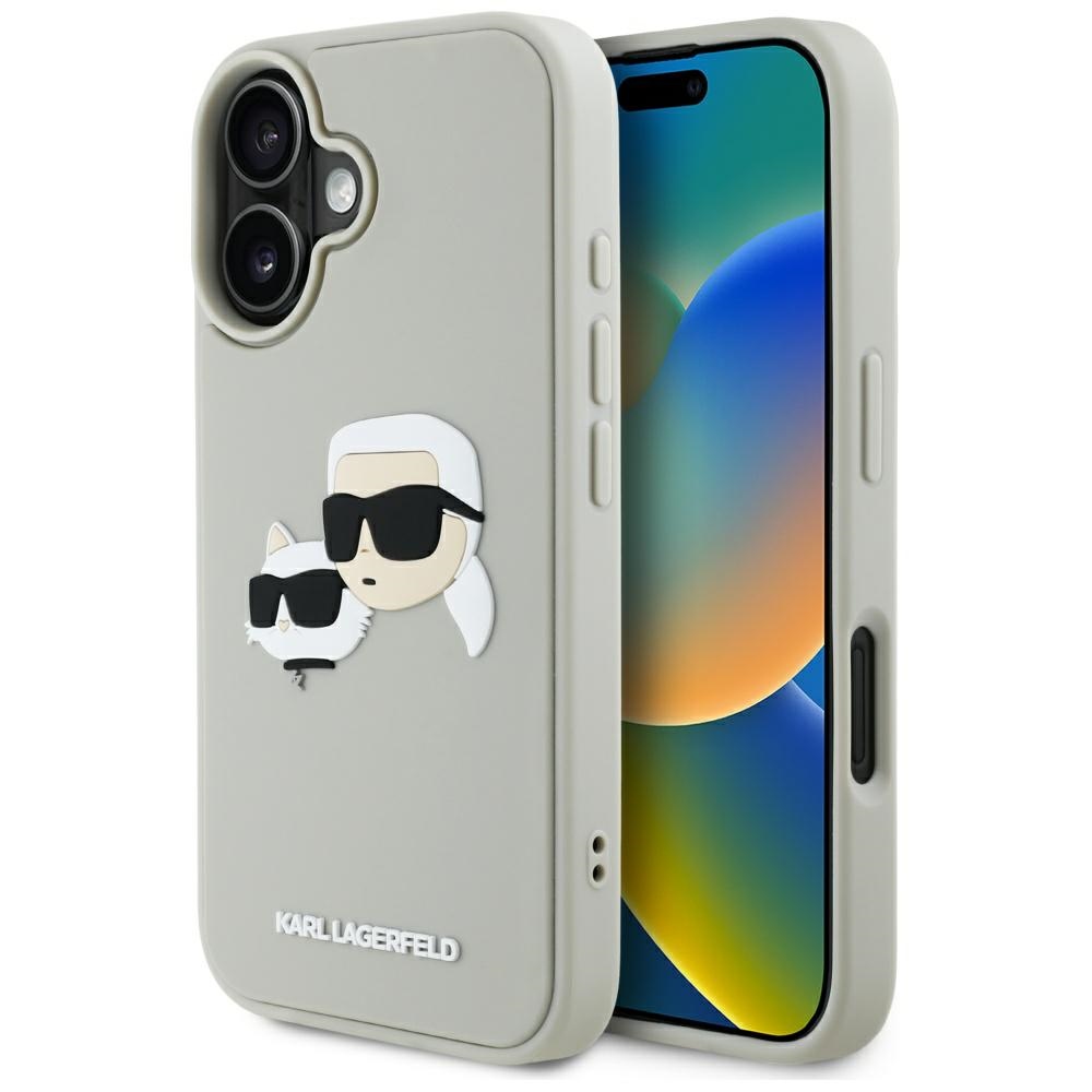 Karl Lagerfeld HC 3D gumijas dubultgalvu iPhone 16 viedtālruņa apvalks - bēšs