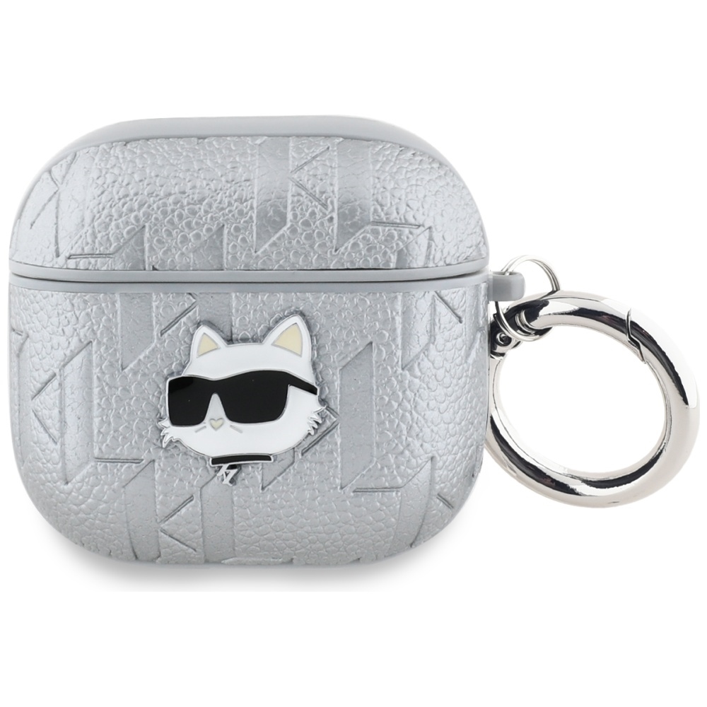 Austiņu apvalks AirPods 4 Karl Lagerfeld Monogram Choupette Head – sudrabains